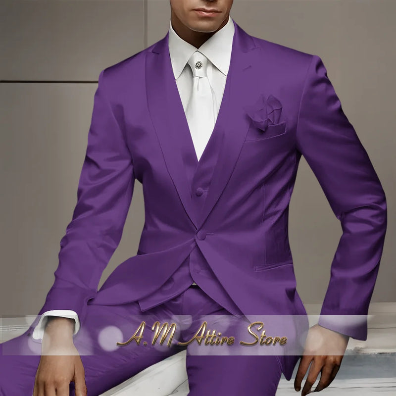 Men's Wedding Party Suits 3 Piece White Satin Mikado Jacket Vest Pants Set for Summer Banquet Party Father Gift Tailored Fit