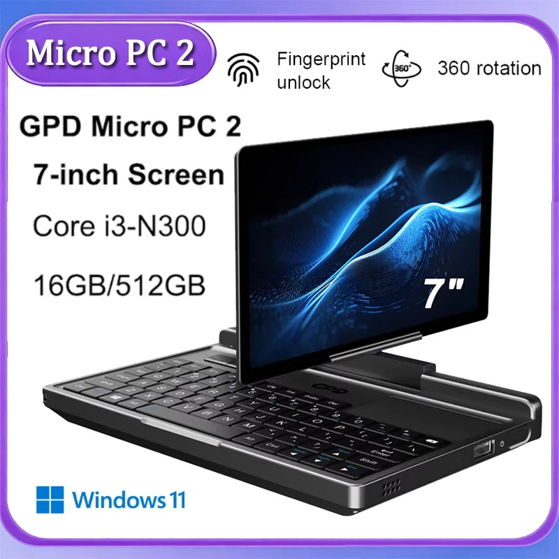 GPD Micro PC 2 Beastly Handheld Mini Laptop: 7 Blazing Touch Screen, 16GB RAM, 512GB SSD, N300 CPU, Windows 11 Pocket-Sized