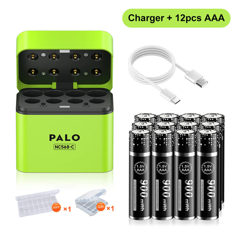 PALO 3400mWh Li-ion 1.5V AA and AAA Rechargeable Batteries with 8-channel magnetic flip charger for 1.5V 2A 3A Lithium Batteries
