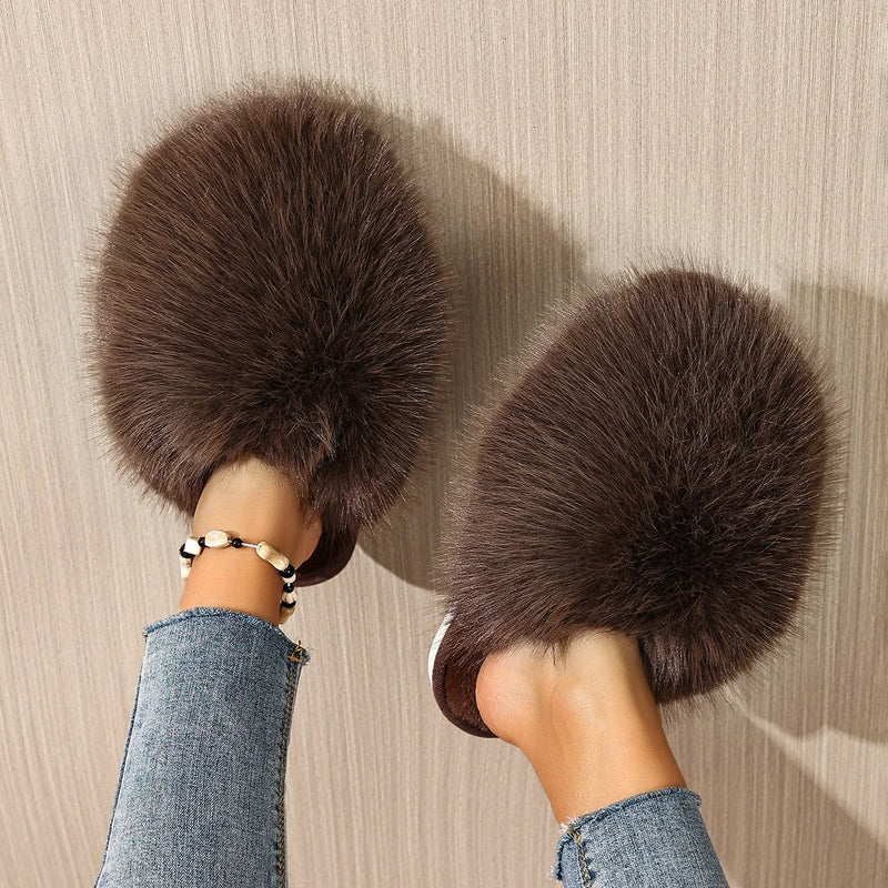 Women Indoor Slippers Winter Faux Fur Home Shoes Women 2025 New Soft Sole Fashion Warm Fluffy Slippers Solid Baotou Slides Women
