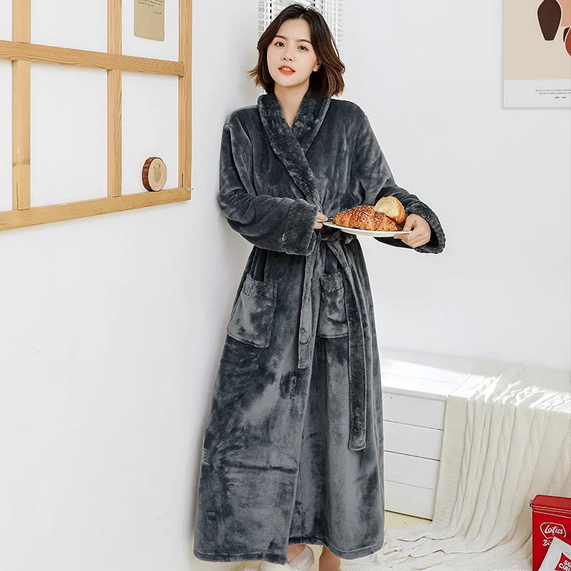Couple Flannel Robe Winter Thick Warm Bathrobe Long Fleece Sleepwear Loungewear for Men and Women