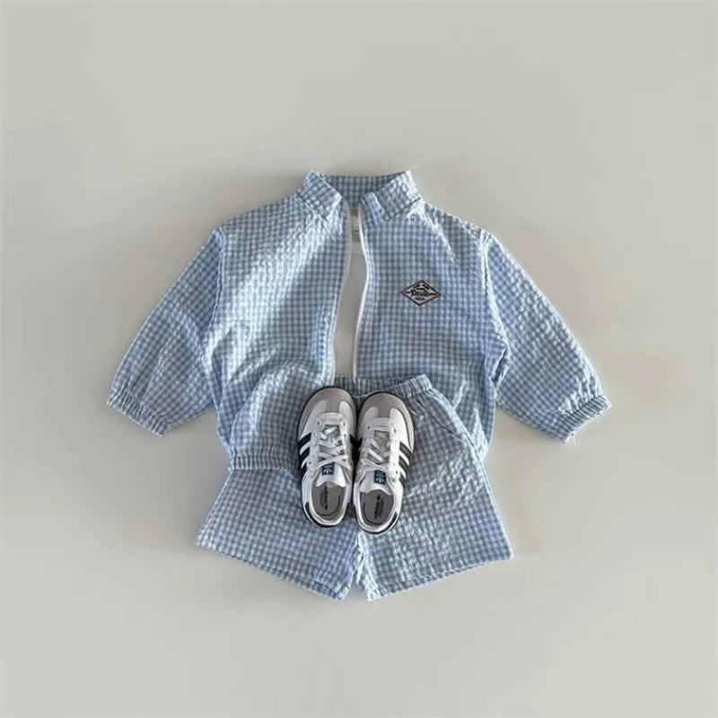 TZ2624 Summer Plaid Stand Collar Jacket And Shorts Set - View 5 | SAMAG