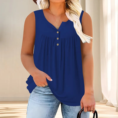 Plus Size Solid Ruched Tank Top, Sleeveless Casual Button | SAMAG
