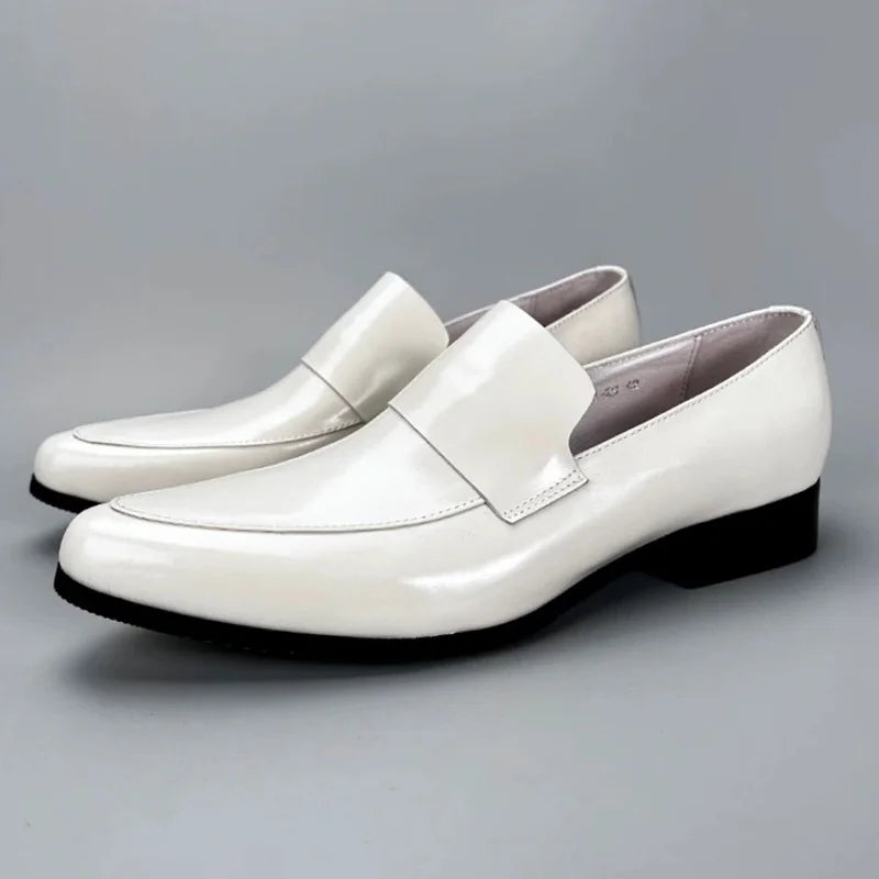 Men's Summer Genuine Leather Breathable Formal Business Shoes Wedding White Leather Shoes Korean Style Pointed Toe Loafers