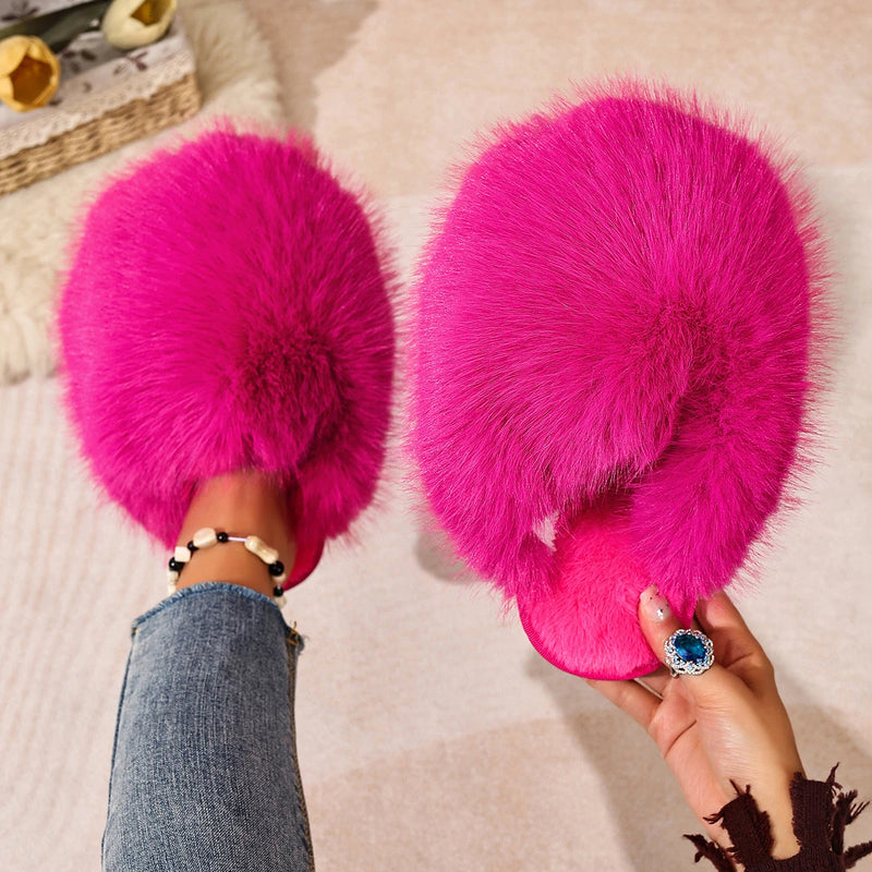 Women Indoor Slippers Winter Faux Fur Home Shoes Women 2025 New Soft Sole Fashion Warm Fluffy Slippers Solid Baotou Slides Women