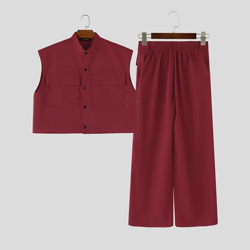 INCERUN Men Sets Solid Sleeveless Crop Tops Shirt Pants | SAMAG