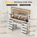 White Makeup Vanity with 11 Drawers and Glass Top Adjustable Brightness Lighting Mirror for Bedroom 3 Lighting Modes Makeup Des