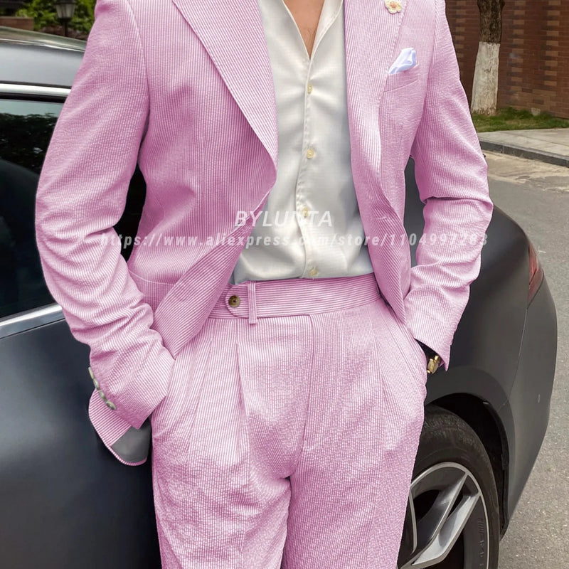 BYLUNTA Mens Suit 2 Piece Slim Fit Stripe Suits Tuxedo Blazer Jackets Pants Set Summer Beach Wedding Outfit for Mennt)