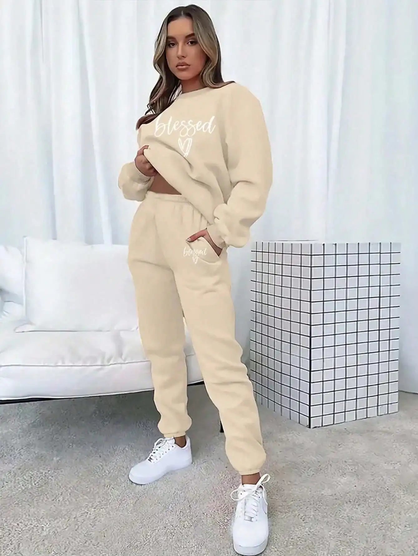 Women's Elastic Knit 2‑Piece Tracksuit Letter Print Long Sleeve Crew Neck Sweatshirt Elastic Waist Jogger Pants Loungewear Set