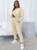 Women's Elastic Knit 2‑Piece Tracksuit Letter Print Long Sleeve Crew Neck Sweatshirt Elastic Waist Jogger Pants Loungewear Set