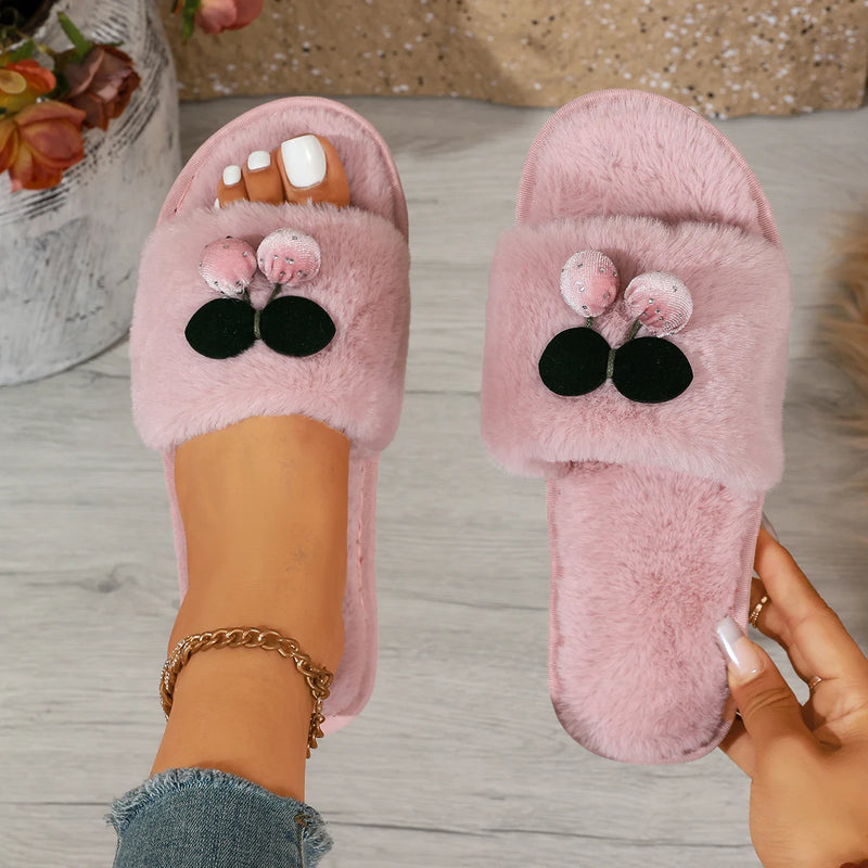 Fashion Trend Cherry Rhinestone Decor Casual Cotton Slippers for Women 2026 Winter New Round Toe Casual Plush Warm Women's Shoes