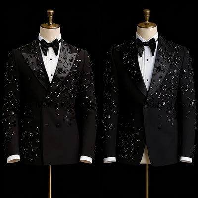 Elegant Rhinestone Male Suits Peaked Label Tuxedos Set | SAMAG