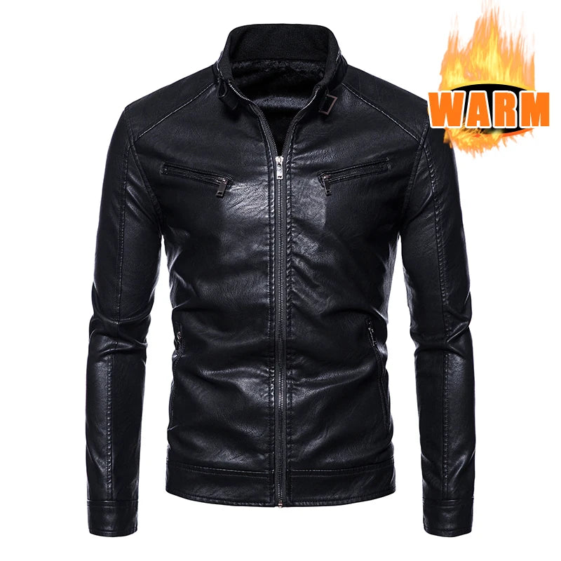 Men PU Leather Jacket Fashion Autumn Winter Stand Collar Slim Leather Jackets Warm Casual Coat Moto Biker Windproof Leather Coat
