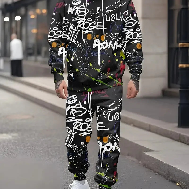 The new men's hoodie set for Spring and Autumn features a casual fashionable and comfortable 3D graffiti - View 2 | SAMAG