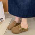 Women Suede Mules Clogs Lace Trim Buckle Strap Round Toe Slip On Shoes Vintage Brown Khaki Mid Heel Casual Outdoor Footwear
