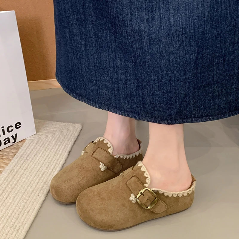 Women Suede Mules Clogs Lace Trim Buckle Strap Round Toe Slip On Shoes Vintage Brown Khaki Mid Heel Casual Outdoor Footwear
