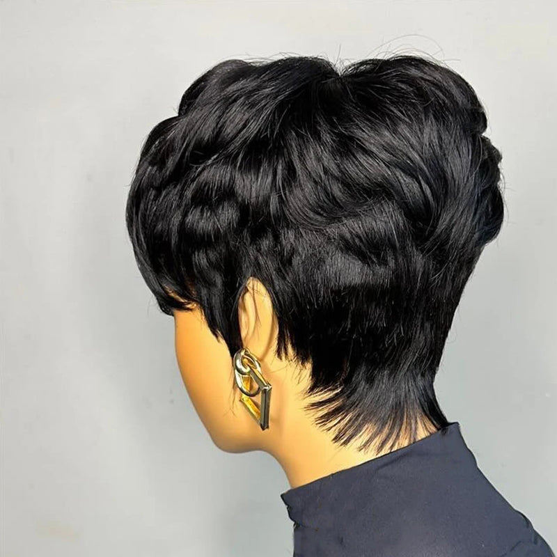 Short Pixie Cut Wigs for Women Black 100% Human Hair Glueless Wigs With Bangs Brazilian Layered Short Human Hair Pixie Cut Wigs