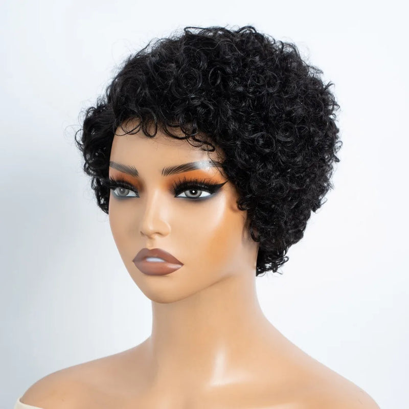 Natural Brown Short Pixie Cut Part Lace Jerry Curly 100% Human Hair Wigs With Bangs For Women Peruvian Remy Hair Glueless Wigs