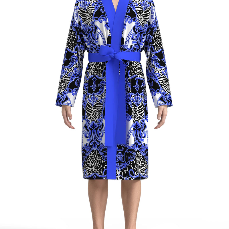 Men's blue and white baroque print bathrobe, light luxury leopard print floral long-sleeved home clothes, casual nightgown