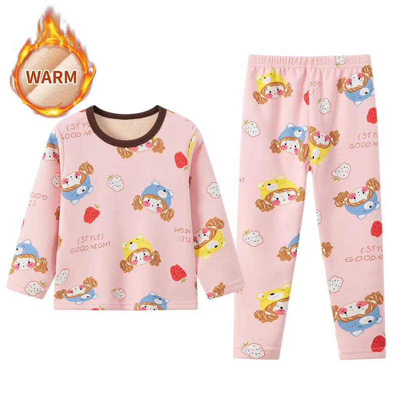 2-piece Autumn And Winter Children's Plush Thick Warm Home Underwear Set For Boys And Girls Fun And Cute Tops Comfortable Pants