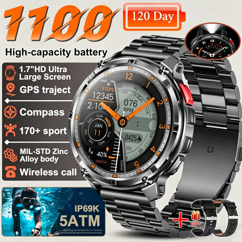 New T-REX3 Ultra 1100mAh Battery SmartWatch 10ATM Waterproof GPS Compass Flashlight 1.7" AMOLED HD Call Sports Smart Watch Men