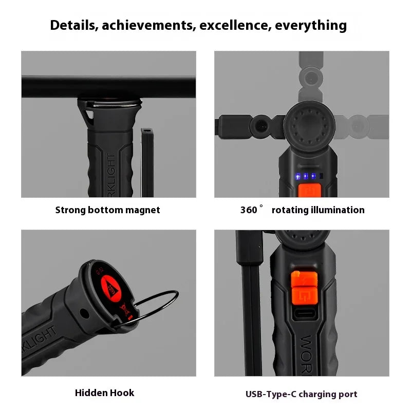 450LM COB LED Worklight Flashlight USB-C 800mA Work Light Magnetic 360° Garage Repair Inspection Lamp 4Mode Pocket Flood Light