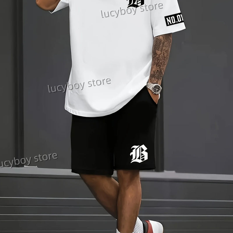 LB Printed Sport T-shirt+shorts Suit Set Men Male Luxury Tracksuit Outfit Summer Oversized tracksuit 2 Piece Set men Clothing