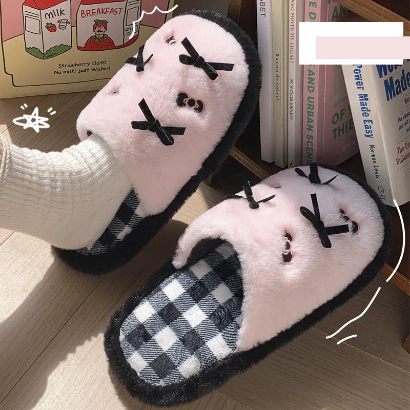 Bow Fluffy Women's Home Slippers Winter Luxury Designer Woman Shoes Fashion Plush Indoor Flats Cartoon Casual Fuzzy Fur Slides