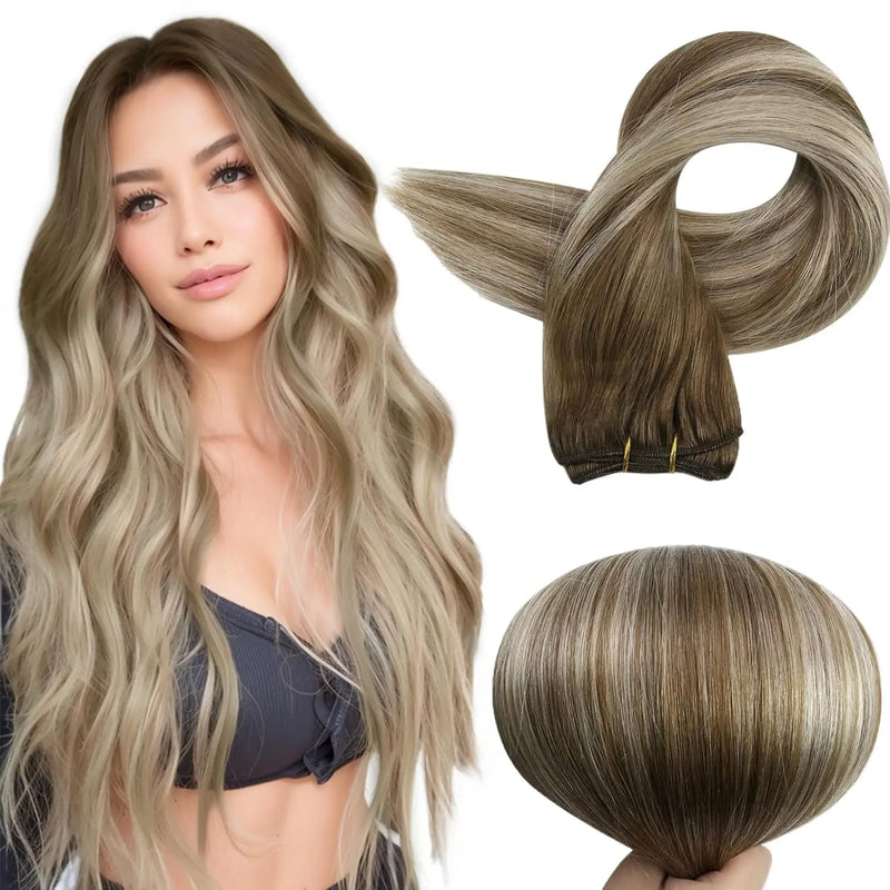 Full Shine Human Hair Weft Extensions Hair Bundles Ombre Blonde Color 100g Sew In Silky Straight Remy Skin Double Weft For Salon