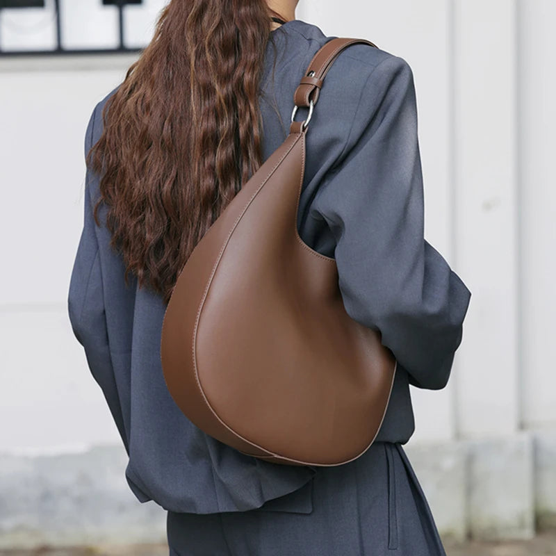 HIFASHION Genuine Leather Shoulder Bag For Women Retro Half Moon Hobo Underarm Purses Minimalist Cowhide Commuter Work Handbags