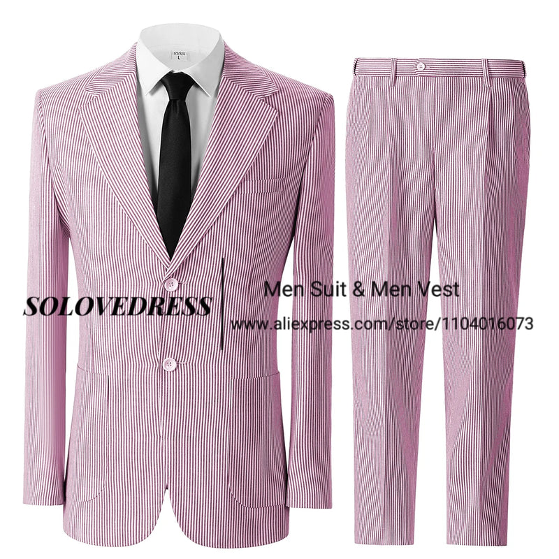 Men's Seersucker Striped Suits 2 Piece Slim Fit Summer Casual Pinstripe Suit for Men Wedding Grooms Blazer Jacket Pants Sets