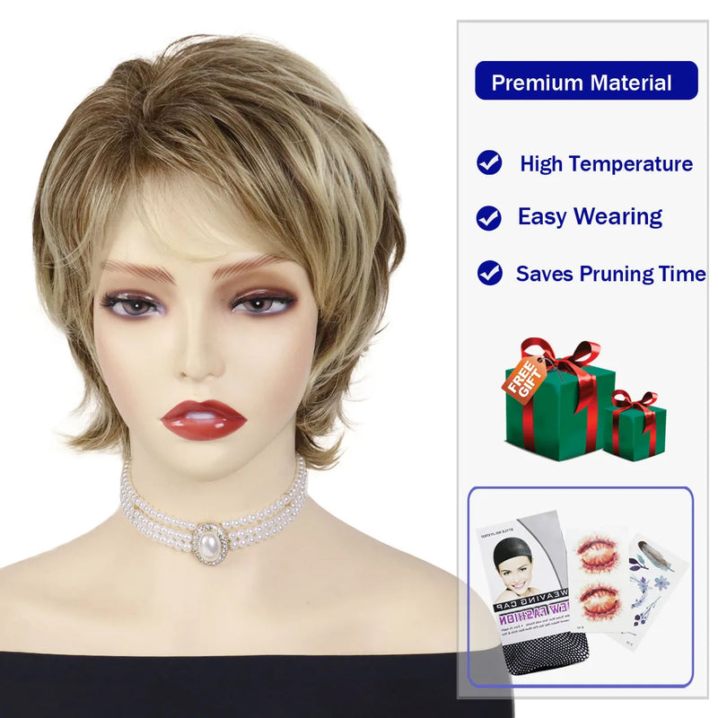 Women's Fashion Short Wigs Natural Synthetic Hair Mixed Blonde Pixie Cut Layered Wig with Bangs Heat Resistant Daily Party Use