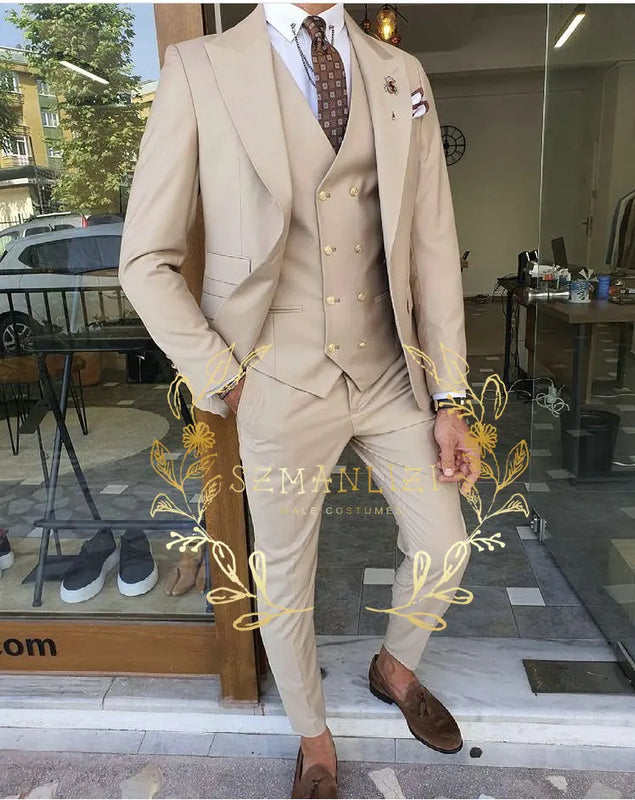 Beige Business Suits For Men Tuxedos Gold Buttons Groom Groomsman Prom Wedding Party Formal 3 Pieces Sets - View 2 | SAMAG