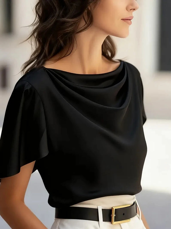 Women's Short Sleeve Cowl Neck Blouse Elegant Draped - View 3 | SAMAG