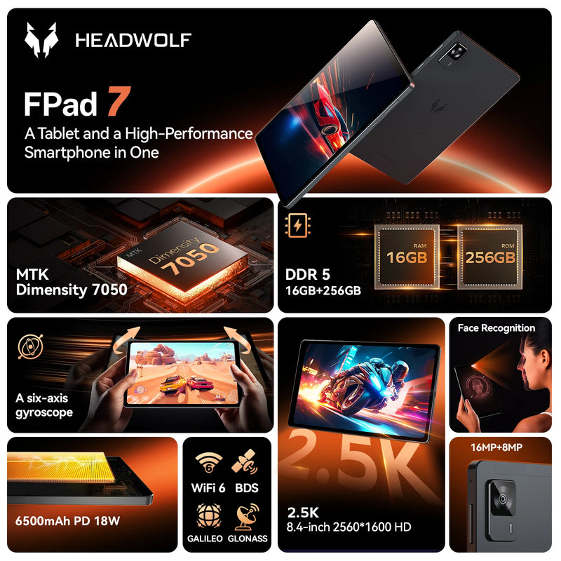 Headwolf FPad7 8.4inch Android 15 Tablet 2560x1600 16GB LPDDR5+256GB UFS 3.1, 6500mAh PD18W, 8MP/16MP Camera, SIM 4G LTE WiFi 6