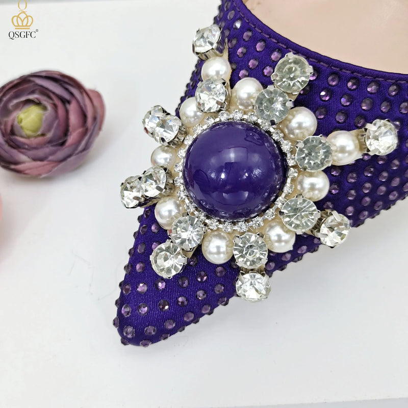 QSGFC 2026 New Fashion Purple Sandals Sequins Rhinestone Point Toe High Heels Slingback Women's Dress Women's Shoes & Bag Set