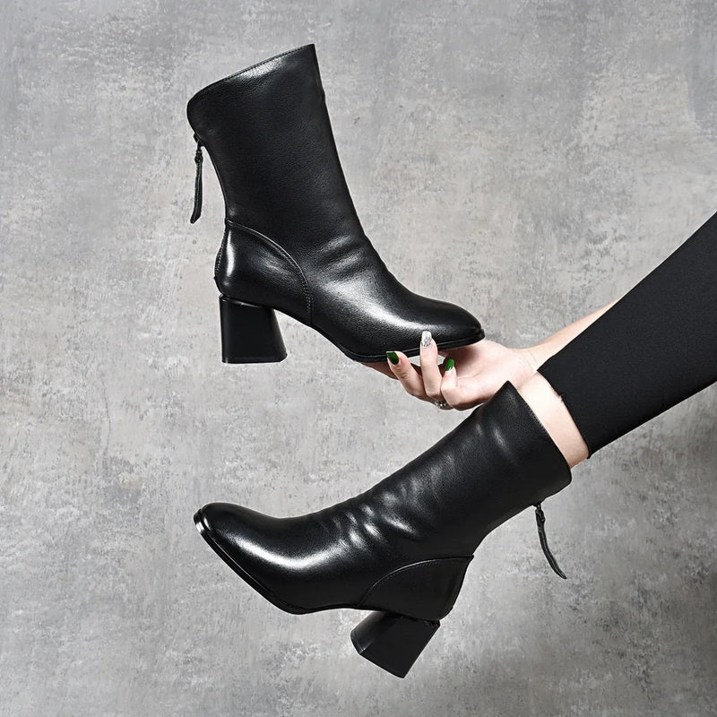 Leather boots for women 2023 autumn and winter round head mid-leg thick heel boots European and American style after zipper fash