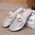 Women's Hollow Out Mules Summer Closed Toe Slippers Soft Leather Sole Horsebit Loafers Breathable Outdoor Flat Lazy Slides