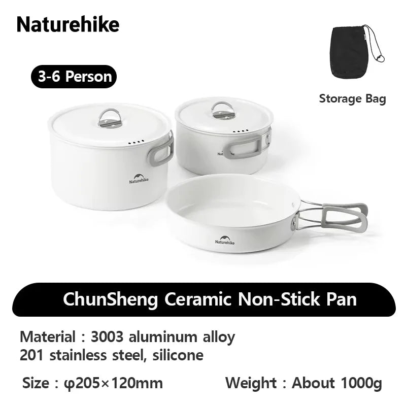 Naturehike Ceramic Non-Stick Set Of Pots Camping Cookware Kit Outdoor Frying Pan Kettle Picnic Tableware Kitchen Utensils