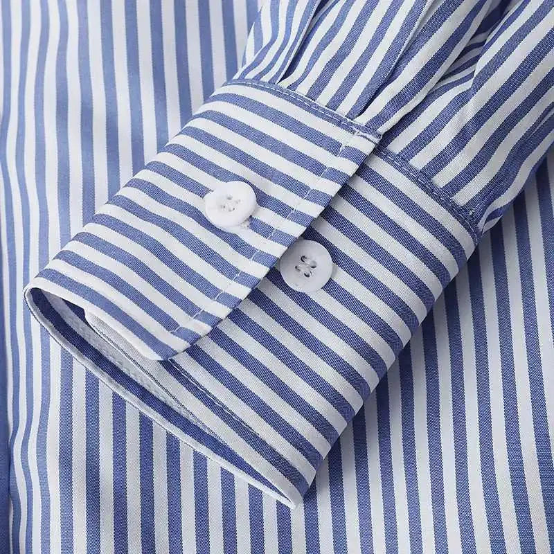 Women Spring Summer Blouses Shirts Lady Fashion Casual Long Sleeve Turn-down Blue Stripes Blusas Tops