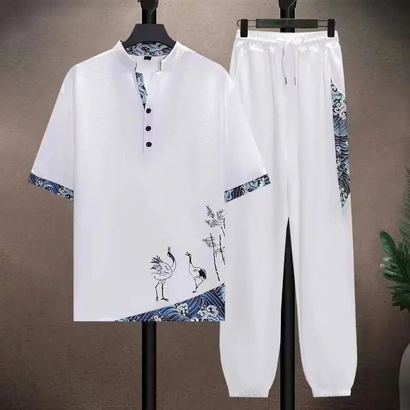 (Shirt + trousers) summer men fashion Cotton breathable sets Two Piece size M - 5XL | SAMAG