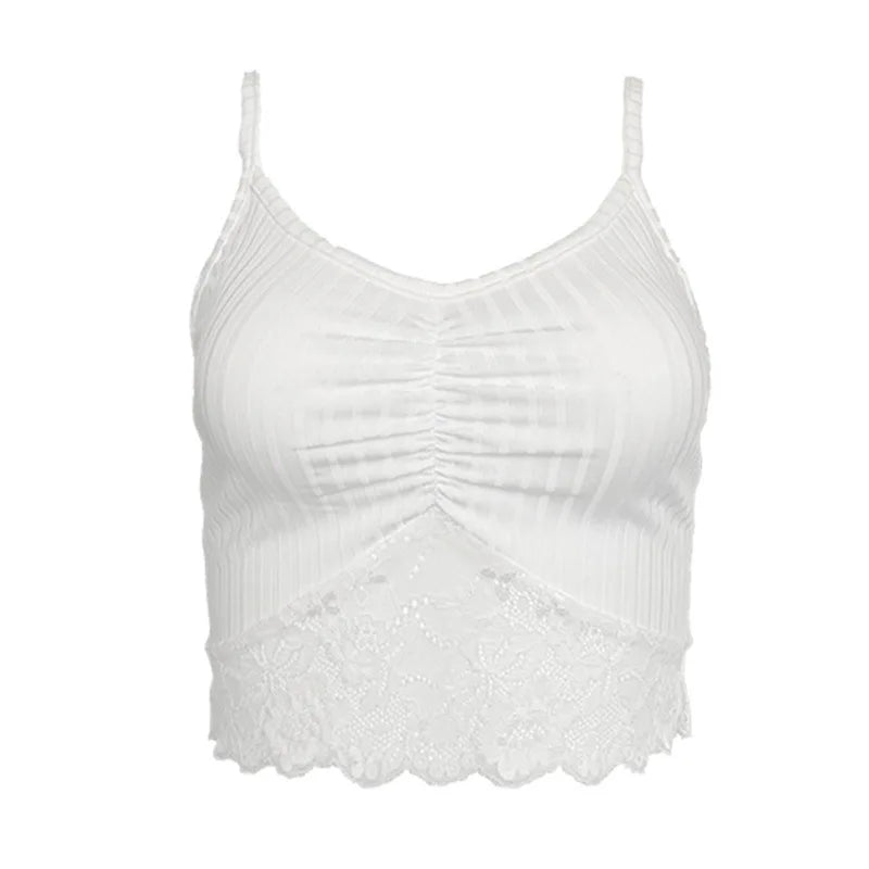 White Camisole 2025 Women's Tanks New Style V-Neck Lace Patchwork Pleated Fashion Sexy Hot Girl Street Fashionista Camisole Top