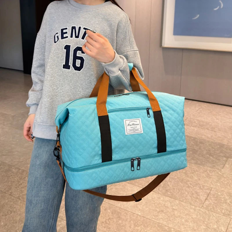 Convenient Shoe Pocket Motorbike Travel Bag Quilted Fabric, Lightweight Carry-on Duffle for Outdoor Weekend Short Trips