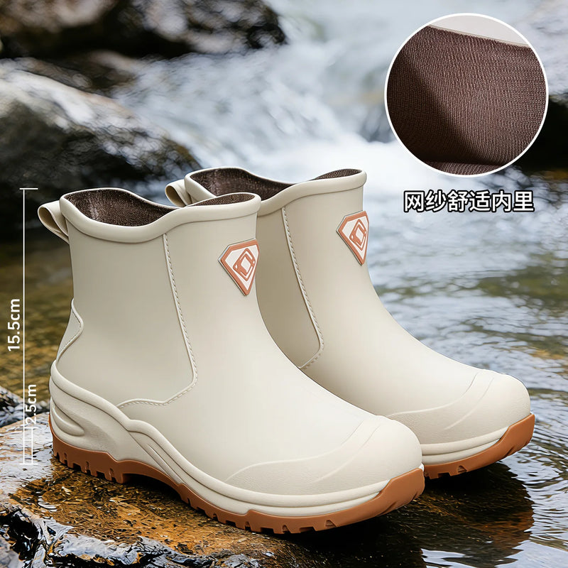 Wear resistant thick soled water boots, military green river tracing men's short boots, rain boots, waterproof men's water shoes