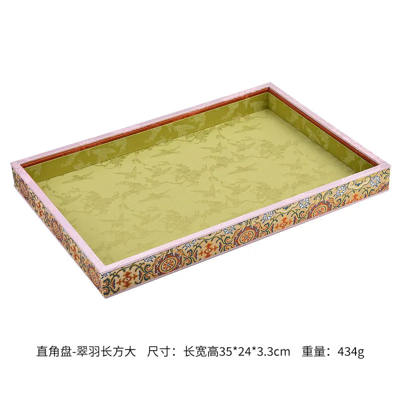 Luxury Chinese Vintage Silk Wooden Jewelry Box, Countertop Display Tray for Perfume Ring Bracelet, Velvet Gemstone Jade Storage