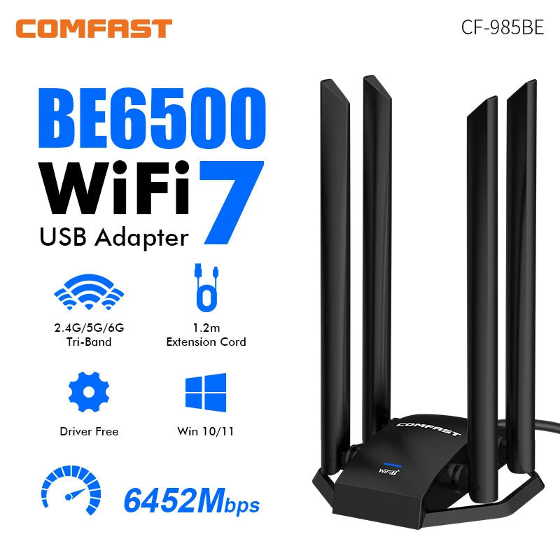 COMFAST Wifi 7 USB 3.0 Wi - Fi Adapter 6500Mbps Wireless Network Card 6G/5G/2G 4*5dBi Antennas Receiver 1 - Visuel 6 | SAMAG