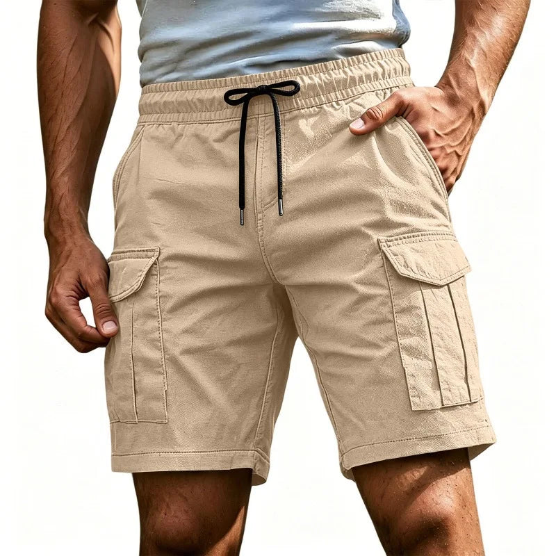Men Solid Color Drawstring Cargo Shorts Elastic Waist | SAMAG