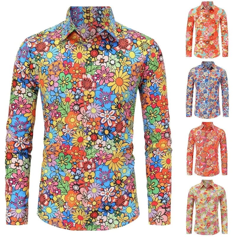 Men's Long Sleeves Shirts Hippie 70s Disco Hip Hop Button | SAMAG