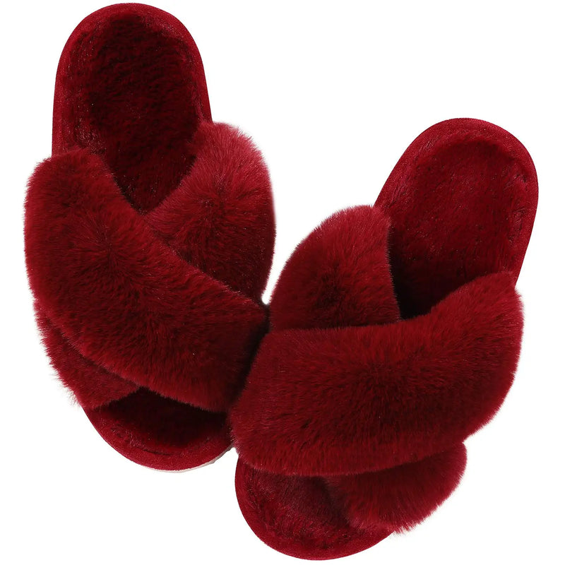 Comwarm Women's Cross Band Fuzzy Slippers Fluffy Open Toe House Slippers Cozy Plush Bedroom Shoes Indoor Outdoor Fur Sandals
