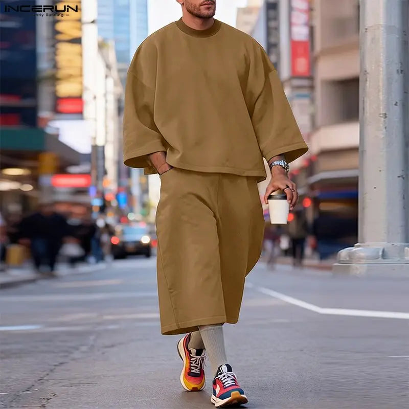 INCERUN Men's Sets Solid Color Oversize 3/4 Sleeve T Shirt Pants Two Piece Streetwear Stylish Casual - View 2 | SAMAG